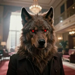 photorealistic close up shot cinematography of a steve mcqueen acting in a twilight zone episode about a photoreal rick baker designed werwolf with glowing red eyes shot on film at magic hour with the sun shining into a large 6 0's hotel lobby room filled with volumetric haze by the shining cinematographer john alcott on a cooke panchro 6 5 mm macro lens.