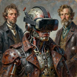 junky god, cybertronic gadgets and vr helmet, durty colours, rotten textures, rusty shapes, hard surface, biotechnology, bao phan, tim hildebrandt, wayne barlow, bruce pennington, donato giancola, larry elmore, oil on canvas, masterpiece, trending on artstation, featured on pixiv, cinematic composition, hyper - detailed, hd, hdr, 4 k, 8 k