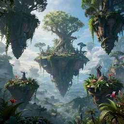 floating islands connected by vines, avatar landscape, high - tech space cult with trees and plants and alien flowers, dramatic lighting, epic, octane render, volumetric light, unreal engine, artbreeder, 8 k, background, scene, digital, artwork, high quality, 8 k
