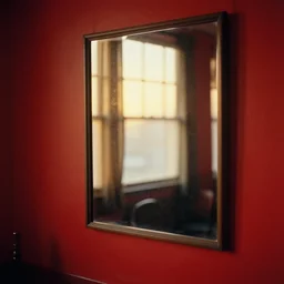 photography from 7 0 s, mirror in red room interior in golden hour, soft light, no focus, in style of street photography from 1 9 7 0