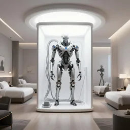 realistic illustration of a room, central perspective, liminal space hotel room with alien biomech techonlogical cabled cubicle at the!!! center!!! of the image, white studio light, volumetric light, artstation, artgerm, hiroaki samura, jiro matsumoto, o yusuke murata, unreal engine, sharp focus high quality 8 k
