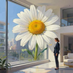 huge daisies flower head, woman in suit, standing next to modern window in luxury apartment, surreal photography, sunlight, impressionist painting, digital painting, artstation, simon stalenhag