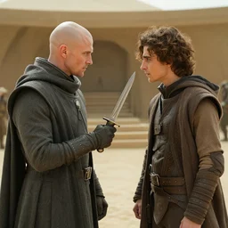 a dagger-fight between bald_ominous_brooding_Austin_Butler_as_Feyd-Rautha_Harkonnen holding a dagger to Timothee_Chalamet_as_Paul_Atreides, in an arena fight-pit in movie Dune-2021, golden ratio, clear gaze, detailed eyes, detailed faces