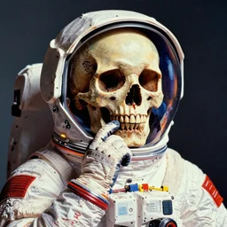 a skull thinking in an astronaut suit, 3 d hd andy warhol vintage style, brutalist primitivism expressionism, texture emotion memento mori, posterized, miniature effect diorama, 3 5 mm grainy film