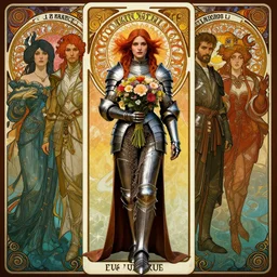 full length portrait of a beautiful mysterious woman warrior in armour holding bouquet of flowers by eve ventrue, michael carson, andreas rochas, john watkiss, casey weldon, artgerm. art nouveau. tarot card by mucha. gloomhaven. swirly intricate linework background. gaudy colors, sharp edges. octane render