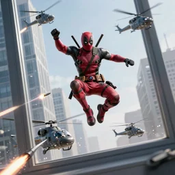 Deadpool leaps off militarily helicopters firing missiles and smashes through high rise window, explosions, by Michael Bay