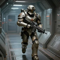 armor - plated soldier, wearing a battle helmet, carrying a plasma rifle, running through the corridor of a spacecraft, art by emmanuel shiu
