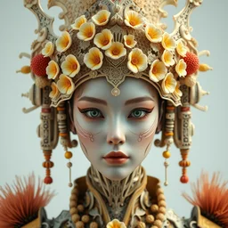 complex 3 d render hyper detailed ultra sharp beautiful sophisticated female futuristic biomechanical samurai with carved porcelain ivory fair face, iris van herpen daisies corals cyberpunk filigree lace haute couture headdress with rhizomorph finials spires, brackets, yellow vivid colors, surreal, fractal red puffballs, octane render, 8 k