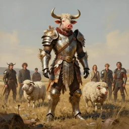 digital painting of joaquin phoenix standing on a vast empty field of crass with an armor made of animals, cow horns, pig nose, sheep wool, chicken feather armor, majestic, by anna podedworna, by miklos ligeti, by diego maricato, by taran fiddler, by antonino truisi, by chris reddie, by jinsung lim, trending on artstation