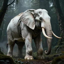 concept art of a white bone biopunk mecha elephant in a dark forest, beautiful landscape, sharp focus, hyper detailed, hyperrealism, volumetric, by federico pelat and stephan martiniere and hr giger, unreal engine 5, ominous, misty, volumetric lighting, 8 k