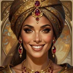 mindblowing portrait of an elegant tan woman in her 5 0 s, ornate turban, brown eyes, ruby and gold jewelry, really big smile, deep focus, symmetrical face, d & d, fantasy, intricate, highly detailed, artstation, concept art, matte, sharp, illustration, hearthstone, digital painting by artgerm, greg rutkowski, alphonse mucha