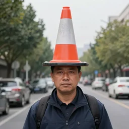a man wearing a traffic cone as a hat