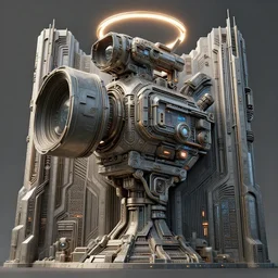 3 d sculpt of complex art deco scifi digital movie camera brutalist industrial military building facade, halo, star wars, ilm, star citizen halo, mass effect, high tech industrial, artstation unreal