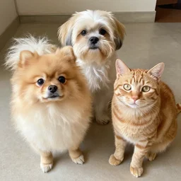 pomeranian, mixed with shih tzu and mixed with a orange, tabby cat