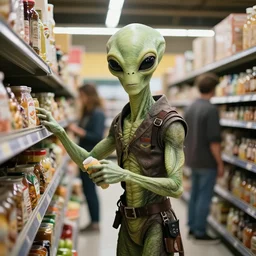 mid shot of an realistic alien dressed by emidio tucci buying groceries at the store, shot by amanda carlson and alex strelkovv, professional photo, masterpiece, very detailed, hyper - realistic, unreal engine, straight face, cinematic, 4 k