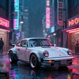 tokyo porche 9 1 1 origami neon signs raining, cyberpunk, hyperrealistic, highly detailed, art station greg rutkowski