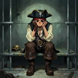 aesthetic digital illustration of a sad pirate hanging his head sitting on a prison cot by miyamoto and alex horley - orandelli, sitting in a prison, centered, concept art, deviantart