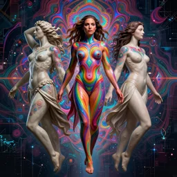 full body Gal Gadot by Jean-Baptiste Carpeaux and Luo Li Rong and Michael James Talbot as goddess, all body, floating in space. perfect symmetrical face, colorful, psychedelic psychedelic psychedelic, fractals, fresh rainbow bodypainting, synthwave, in full growth, elegant, realistic, 8K, female full-skin figure, hyperrealism, subsurface scattering, raytracing, rim light, Octane Render, Redshift, Zbrush, H R Giger, Zdzisław Beksiński, complex psychedelic glitch background