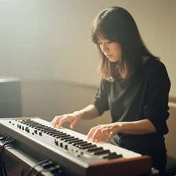 1 9 7 0 s photo of a female japanese musician playing a vintage modular synthesizer, hazy, faded