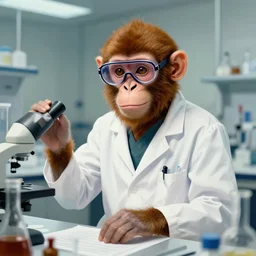 portrait of a monkey doctor working chemical lab, artwork by gaston bussiere, craig mullins, trending on artstation, monkey dressed as a scientist, using googles and wearing a doctor coat