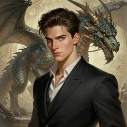 a determined and alert handsome clean shaven young man with swept back dark brown hair and green eyes, preparing for a difficult battle with a large fierce dragon, fantasy, intricate, elegant, highly detailed, digital painting, artstation, concept art, smooth, sharp focus, illustration, art by artgerm and greg rutkowski and alphonse mucha
