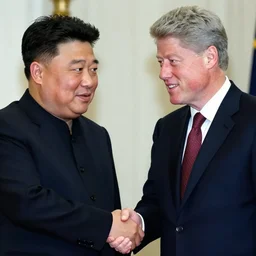 bill clinton shaking hands with kim jong un, vhs, old photograph, detailed faces, realistic faces