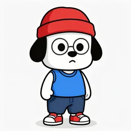 a cartoony square headed dog with big eyes and black floppy ears sticking out from under a red beanie cap. he wears a blue sleeveless shirt, dark blue baggy pants, and red sneakers