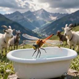 dragonfly in a bathtub in the alps, goats!!! in background