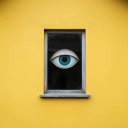 the yellow house with eye on window, liminal space