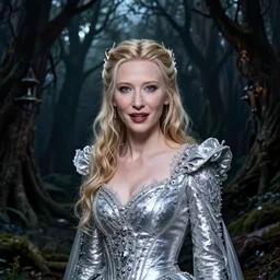 portrait of mischievous, dangerous young Cate Blanchett's Galadriel as a queen of fairies, dressed in a beautiful silver dress. The background is a dark, creepy eastern europen forrest.  night, horroristic shadows, high contrasts, lumnious, theatrical, character concept art by ruan jia, thomas kinkade, and J.Dickenson, trending on Artstation