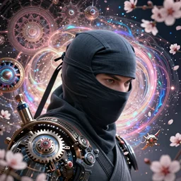 a headshot of a ninja wearing a cowl!!!!, offset in the frame, surrounded by fractals and mandalas and cherry blossoms and hadron collider technology and metal gears and swirling bioluminescent energ!!!!, art by peter mohrbacher and dan mumford, 8 k octane render, hyperrealistic, zbrush, cinema 4 d