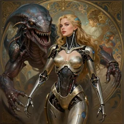 young elizabeth hurley as a gorgeous cyborg terminator being caught by the kraken, photography of kurzgesagt, deep focus, d & d, fantasy, intricate, elegant, highly detailed, digital painting, artstation, concept art, matte, sharp focus, illustration, hearthstone, art by artgerm and greg rutkowski and alphonse mucha