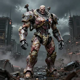 full body portrait of a zombie heavy mech made with flesh, by kow yokoyama, maschinen krieger, hobby japan, stormy post apocalyptic cyberpunk gothic city, highly detailed, shot with canon 5 d mark ii, face detail, rob bottin, rick baker, jordu schell, artstation, cg society, soft illumination