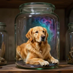 a vivid golden retriever neatly fits inside large boron glass storage jar, lying forgotten on the shelf in SCP foundation. Secure, Contain, Protect, iridescent nebula inside a glass cylinder safely contained, eerie nostalgic concept art, by James Gurney and Simon Stalenhag and Greg Rutkowski, hyperdetailed SCP artifact jar, macroshot, trending on ArtStationHQ, 8k