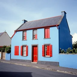 a creole blue house with red shutters next to a street in reunion island, a colorized photo by charles le roux, featured on polycount, quito school, lomo, 1 9 7 0 s, 1 9 9 0 s
