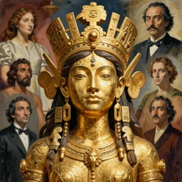 portrait of a Chibcha gold goddess by Kowalski and Heckel and Ríos and Rutkowski and Mucha and Brom and Miller and Botero and Dalí and El Greco