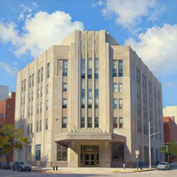 art deco exterior building in chicago, sunshine, blue sky with puffy clouds, a painting by kenton nelson