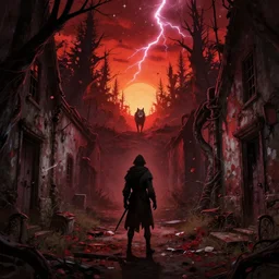 abandoned bloodborne old alley with an hunter at the centre and a werewolf at the end of the valley, trees and stars in the background, falling petals, epic red - orange sunlight, perfect lightning, very detailed, illustration by niko delort