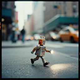 kodak portra 4 0 0, wetplate, flashlight, orange and teal muted colours portrait by saul leiter of a tiny photoreal tin toy robot running through a busy new york street, tiny gaussian blur, insanely detailed, insanely intricate, insanely beautiful, depth of field, sun, wide aperture, color photography