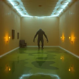 a room of oil, water caustics, the creature is here, insanity, film still from the movie directed by denis villeneuve and david cronenberg with art direction by salvador dali and dr. seuss