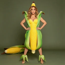 full body photo of jennifer lopez, she is wearing a costume of corn on a cob