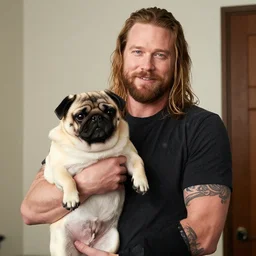 Norman Reedus holding an obese pug, photo