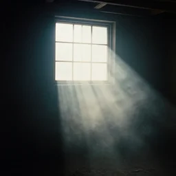 volumetric fog in sunbeams entered through window in a dark basement, 1 9 9 0 film