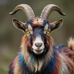 aleister crowley as a a satyr goat man, he has long goat ears, multicolored goat fur, goat horns and yellow goat eyes with black horizontal pupils
