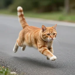 a very fast orange cat flying through the road, high definition, beautiful award winning photography, 8 k.