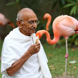 Mahatma Gandhi eating a flamingo