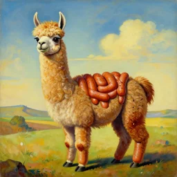 a surrealist dadaist colourful detailed painting of a llama made out of frankfurter sausages. the llama is made out of sausages. in the style of salvator dali