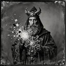 old wetplate daguerreotype portrait of the necromancer, explosion of data fragments, fractal, intricate, elegant, highly detailed, parallax, leica, medium format, subsurface scattering, by jheronimus bosch and greg rutkowski and louis jacques mande daguerre