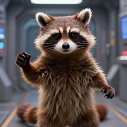 film still of rocket the raccoon standing in the hallway of a space ship from guardians of the galaxy, closeup portrait, confident action pose, craig mullins, octane