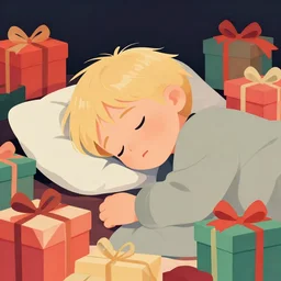 two year old with short blonde hair, asleep at christmas. surrounded by gifts. high quality detailed face. clean cel shaded vector art. shutterstock. behance hd by lois van baarle, artgerm, helen huang, by makoto shinkai and ilya kuvshinov, rossdraws, illustration, art by ilya kuvshinov